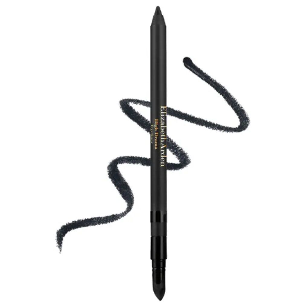 Eyeliner nero e tratto. Scritta: Elizabeth Arden High Drama.