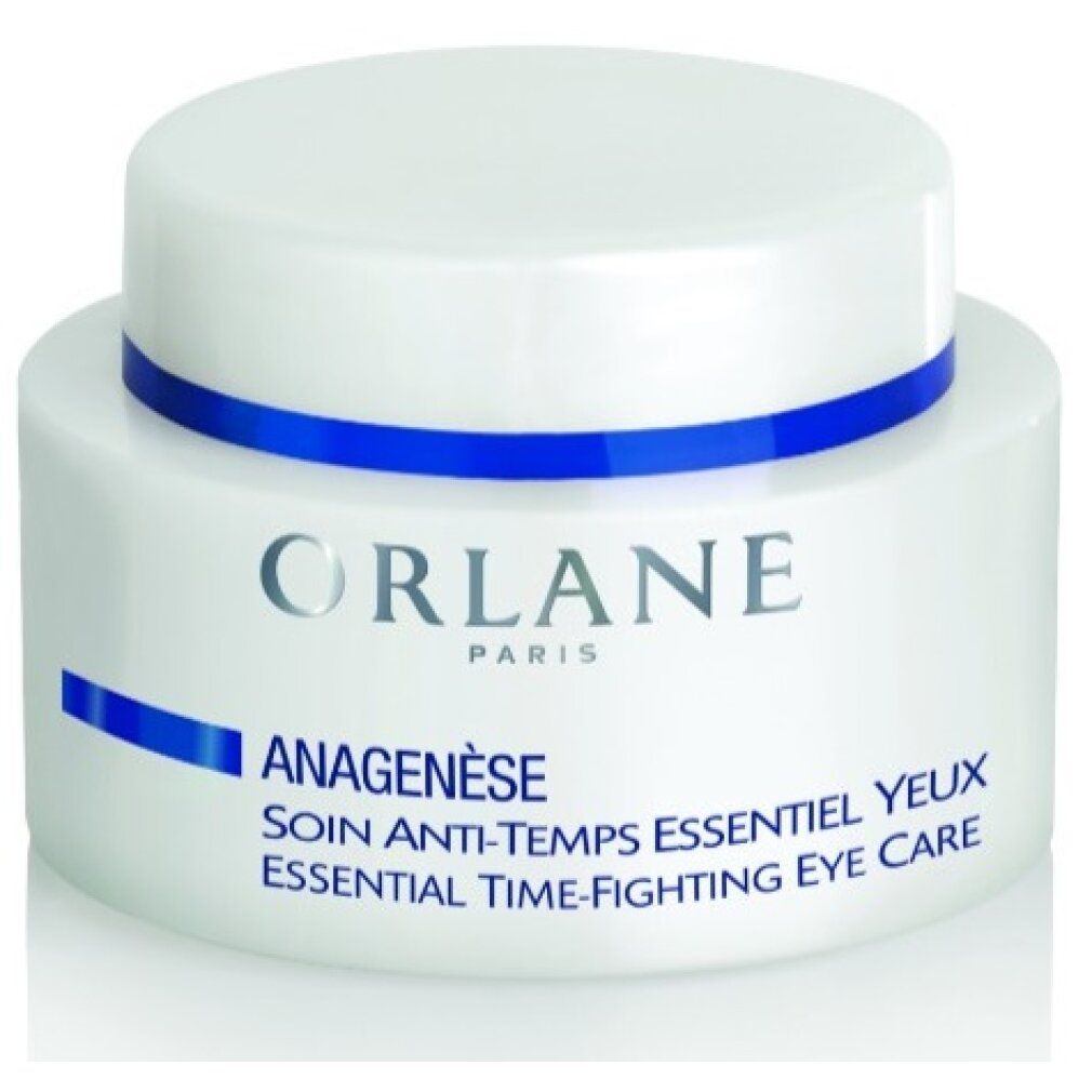 Vasetto bianco con bordo blu e coperchio. Scritta: ORLANE PARIS, ANAGENÈSE, SOIN ANTI-TEMPS ESSENTIEL YEUX, ESSENTIAL TIME-FIGHTING EYE CARE.