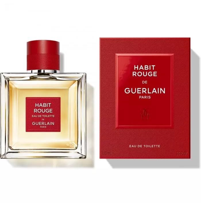 Flacone di profumo e scatola. Flacone quadrato, tappo rosso. Scatola rossa con "HABIT ROUGE DE GUERLAIN".