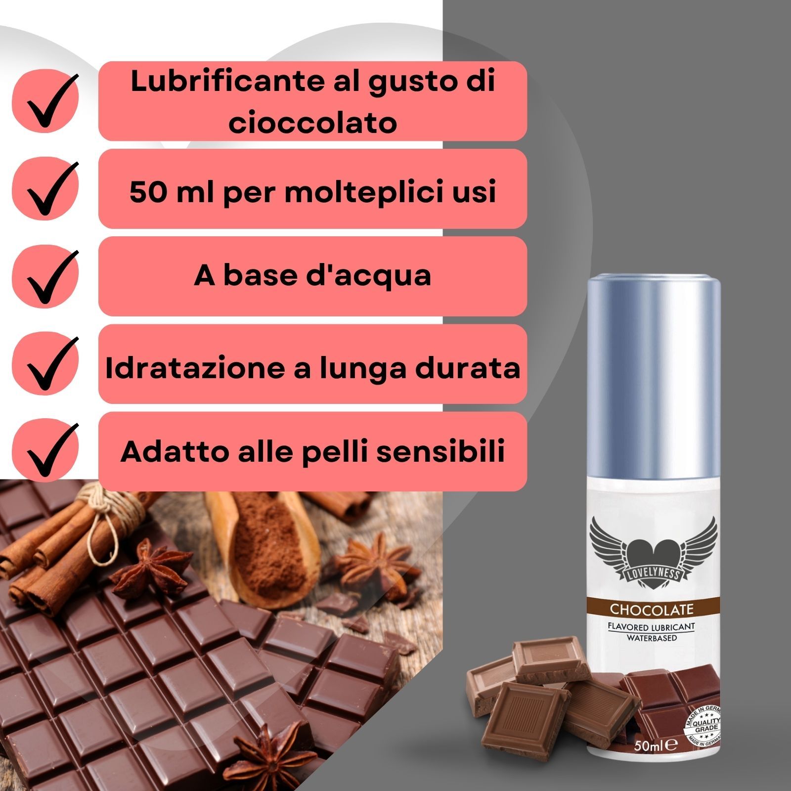 Lubrificante al gusto cioccolato. 50 ml per molteplici usi. A base d'acqua. Idratazione a lunga durata.