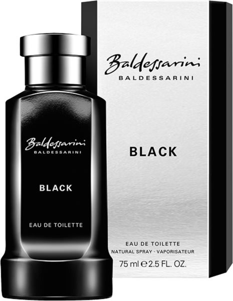 Flacone e confezione neri. Scritta: Baldessarini Black Eau de Toilette. Tappo argentato.