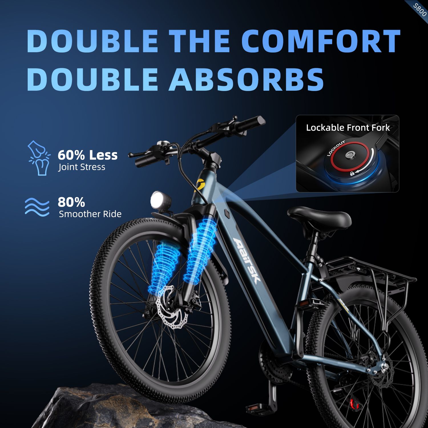 Grafico: E-bike con sospensioni. 60% in meno di stress articolare, 80% di guida più fluida.