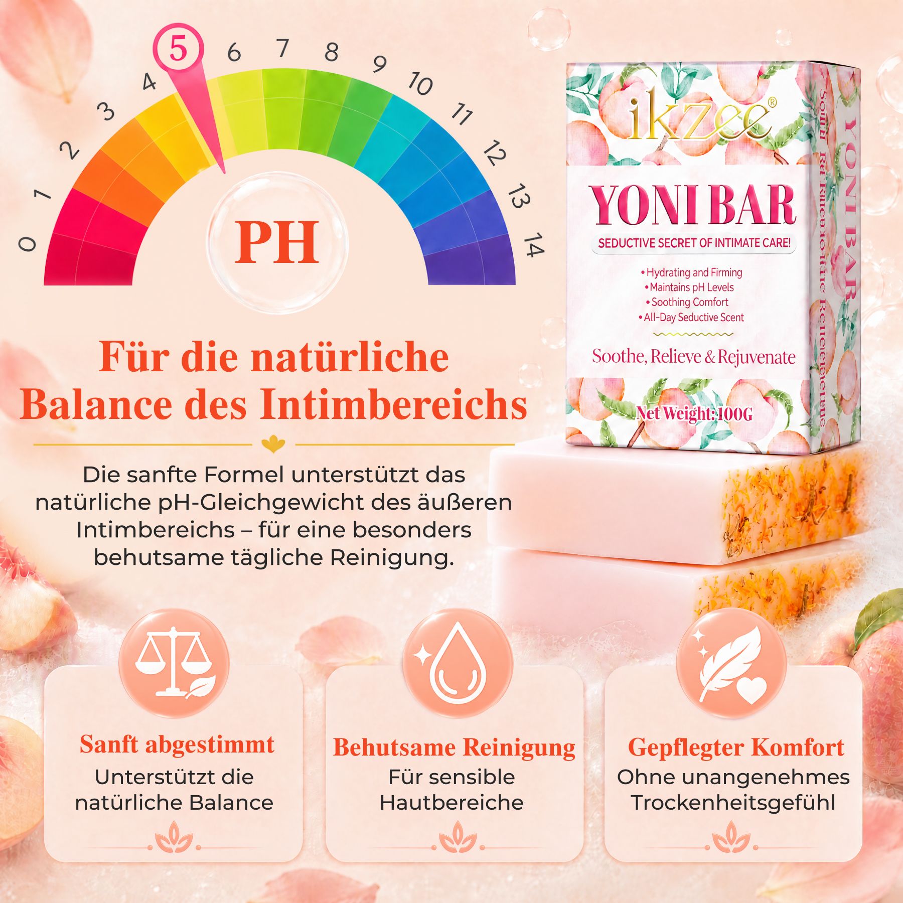 Sapone Yoni Bar, 100g. Pezzo di sapone rosa con confezione a tema pesca. Scala pH sullo sfondo.