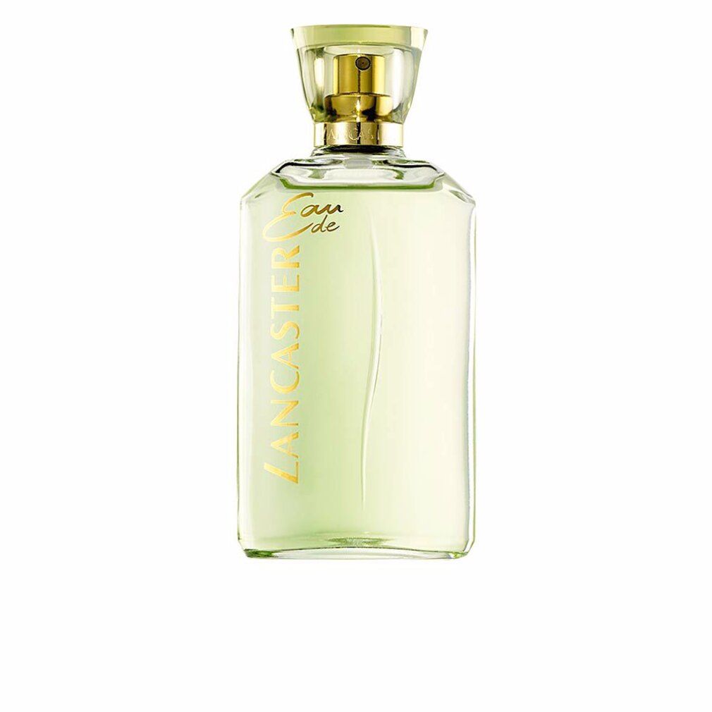Flacone in vetro trasparente con liquido verde chiaro e tappo dorato. Scritta dorata verticale "Eau de Lancaster".