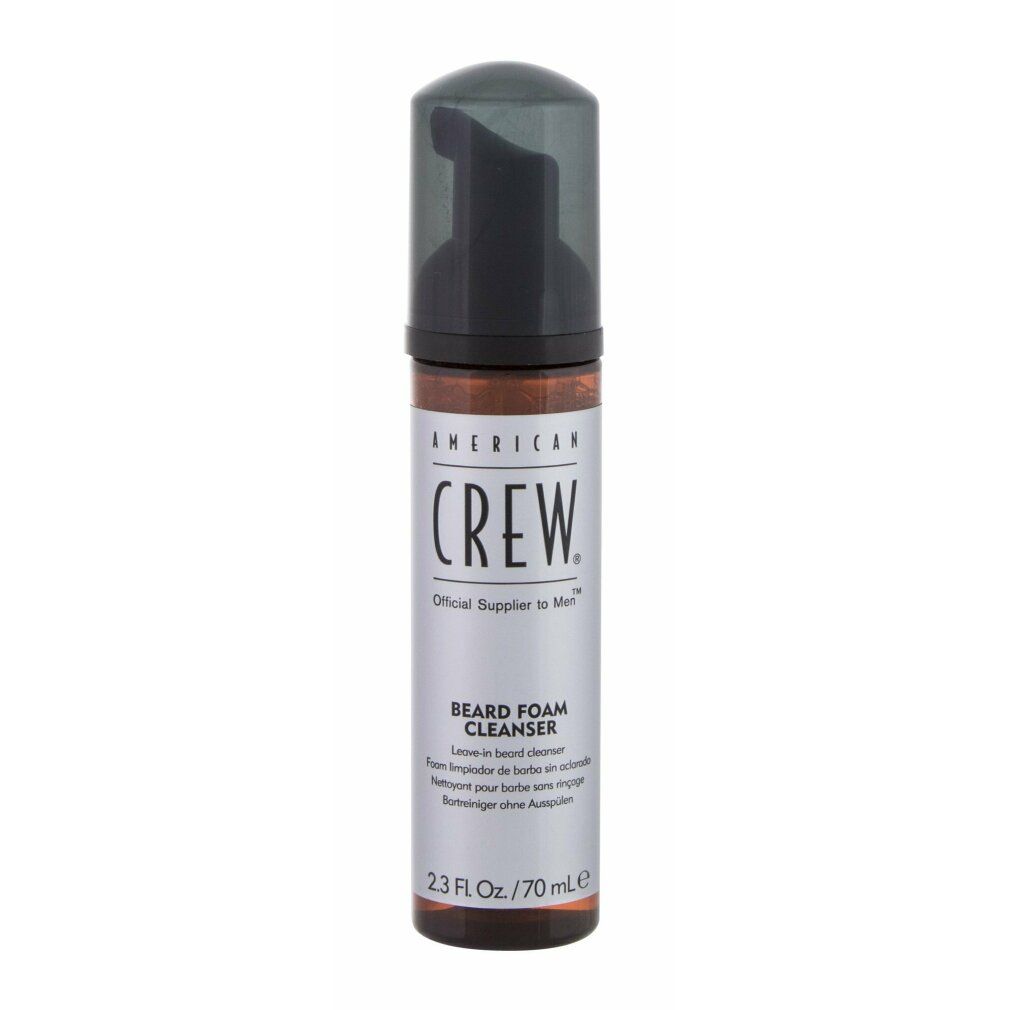 Detergente in schiuma per barba American Crew. Flacone con tappo nero ed etichetta argentata. 2.3 Fl. Oz./70 ml.