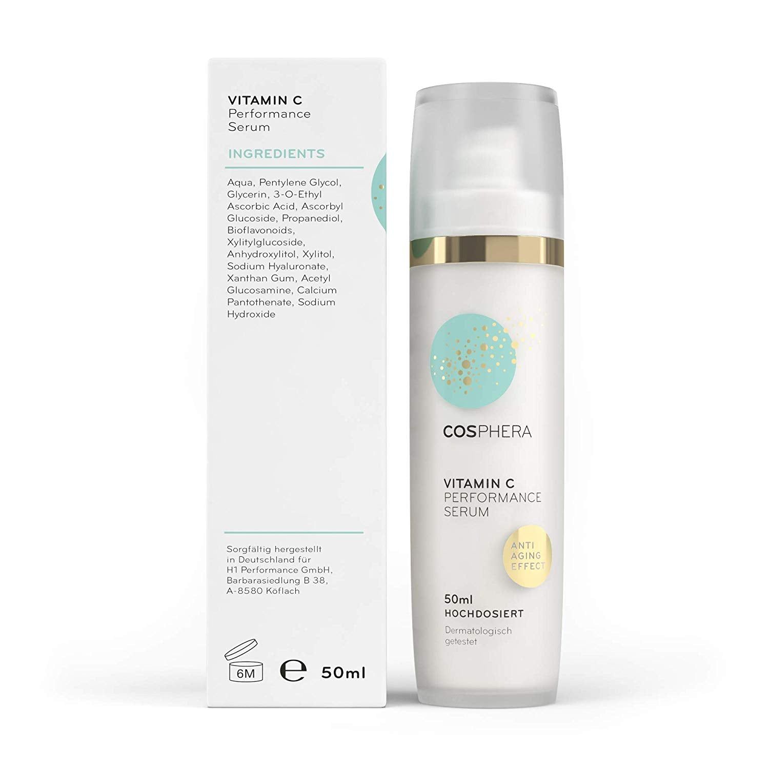 Flacone e scatola pieghevole Cosphera Performance Vitamina C, 50ml.