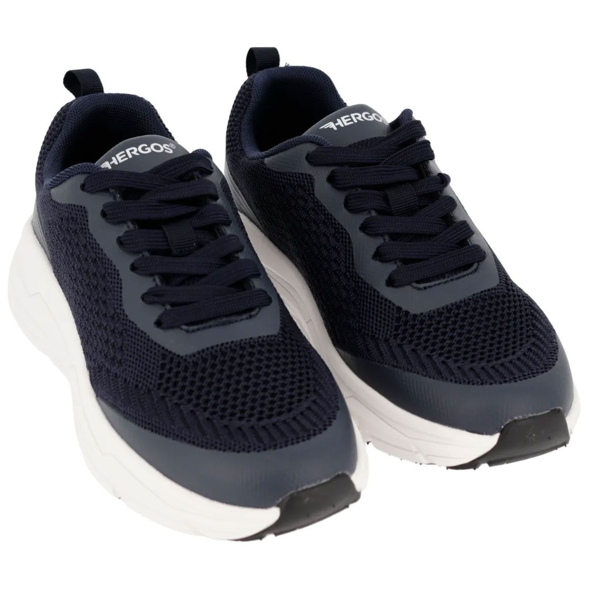 Sneakers Hergos blu scuro con suola bianca. Tomaia in mesh, lacci. Vista laterale.