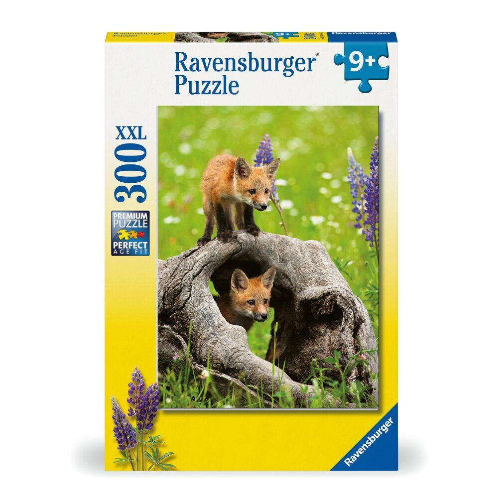 Scatola puzzle con immagine di due volpi in un tronco d'albero. Marca Ravensburger, 300 pezzi, dai 9 anni.