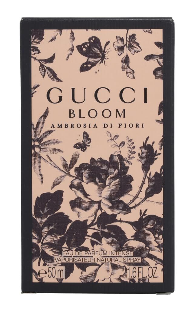 Confezione Gucci Bloom Ambrosia di Fiori. Motivo floreale con farfalle. Scritta: 50ml, 1.6 FL.OZ.