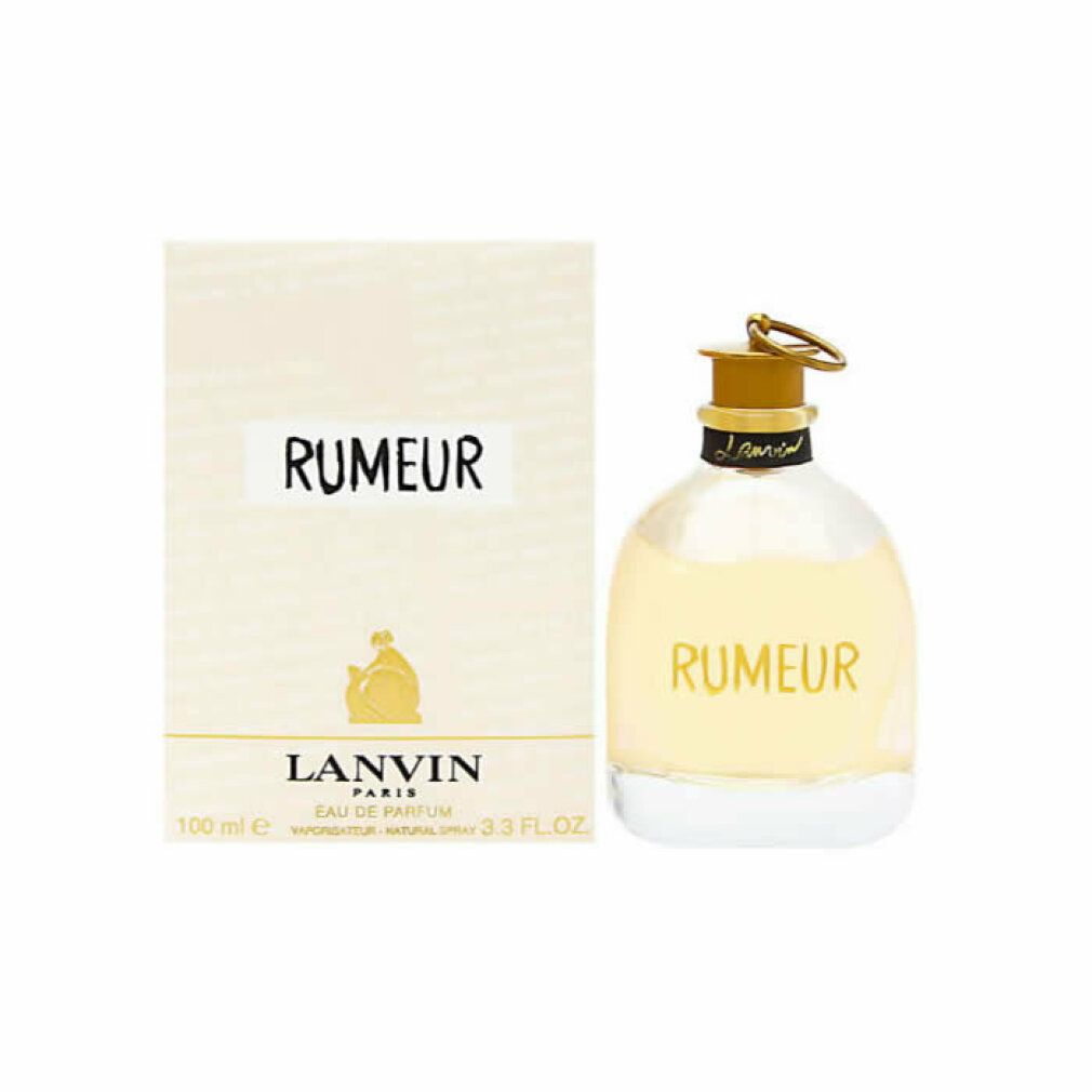Flacone di profumo e scatola. Flacone con tappo dorato e scritta RUMEUR. Scatola con scritta RUMEUR e LANVIN.