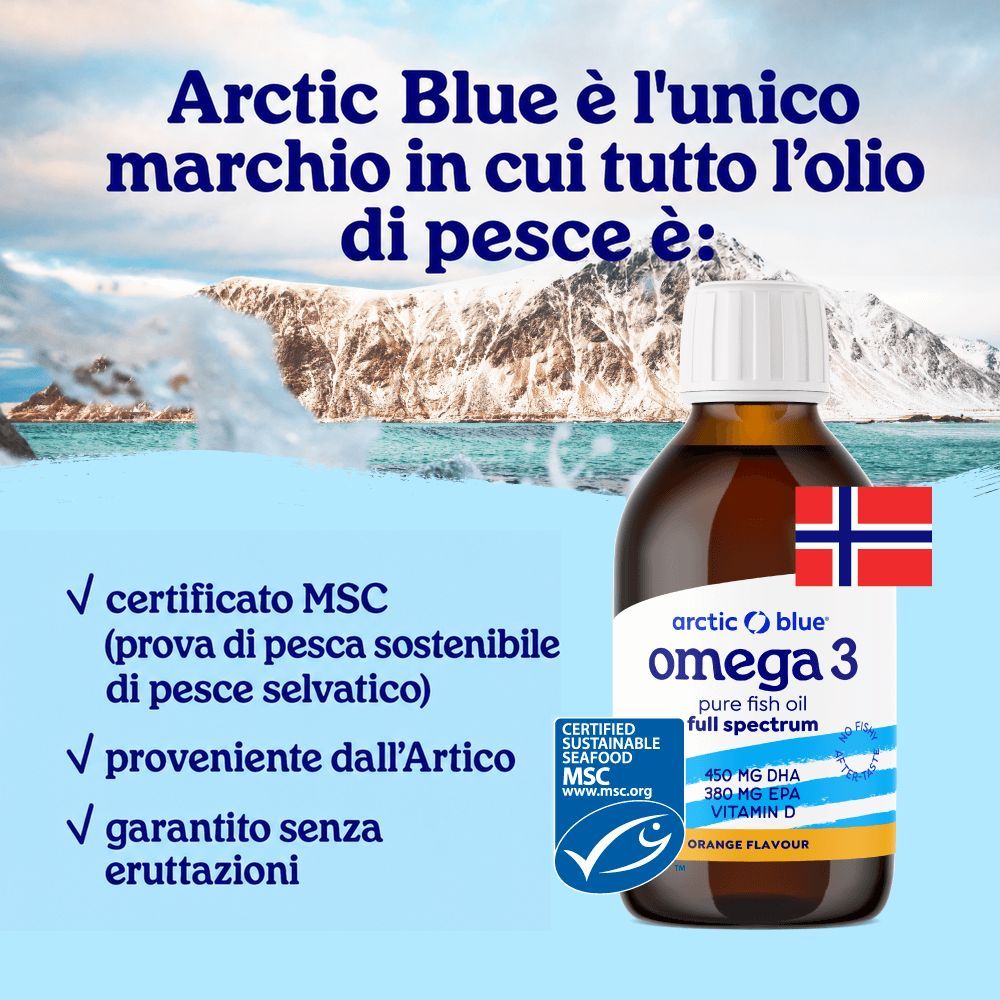 Flacone di olio di pesce omega-3 davanti a un paesaggio montano. Certificazione MSC e bandiera norvegese.