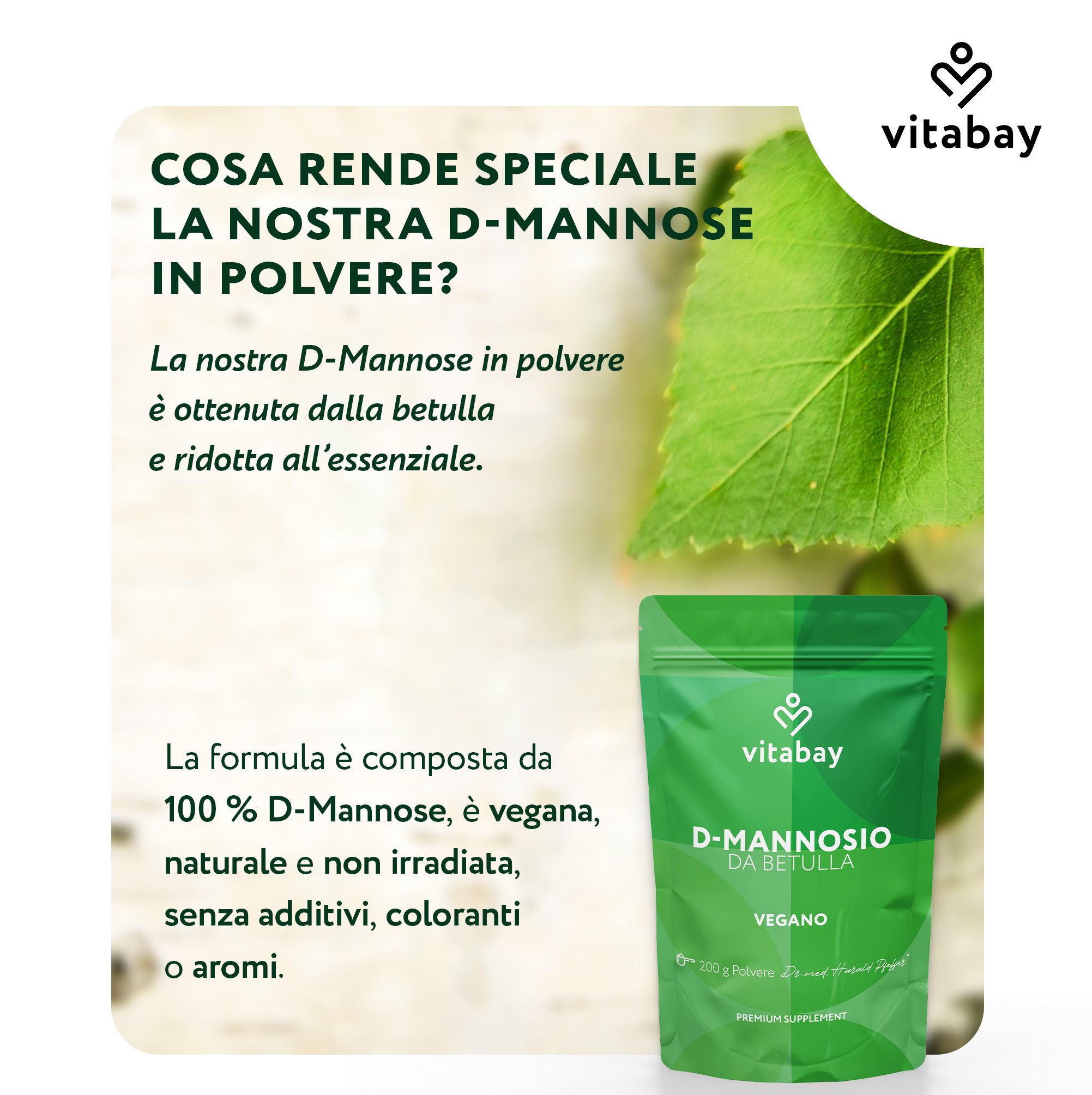 Fronte e retro del sacchetto Vitabay D-Mannosio da betulla, 200g.