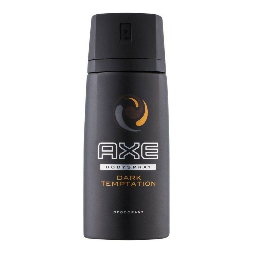 Bomboletta spray deodorante nera. Scritta: AXE BODYSPRAY DARK TEMPTATION DEODORANT. Logo con dettagli gialli.