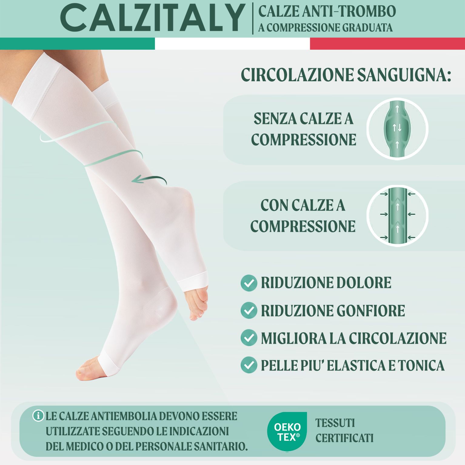CALZITALY Gambaletti anti-trombo a punta aperta - 18-23 mm/Hg, Gambaletti Medicali Made in Italy