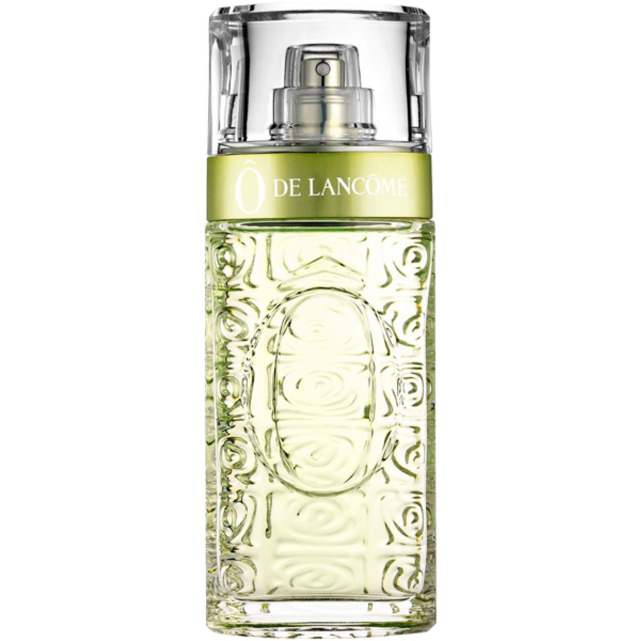 Eau de Toilette O de Lancôme. Flacone rettangolare con etichetta verde e tappo trasparente. Motivo in rilievo sul vetro.