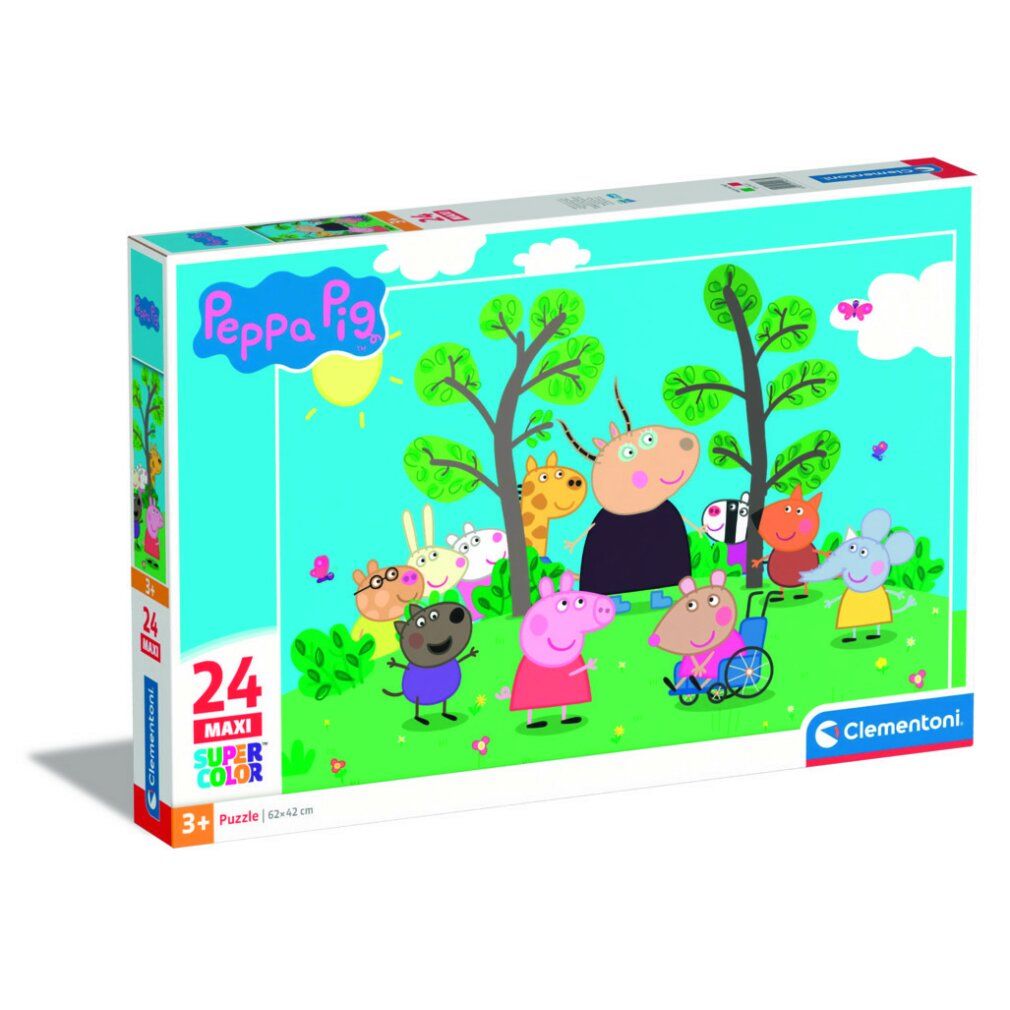 Puzzle Clementoni, 24 pezzi, motivo Peppa Pig. La confezione mostra il motivo del puzzle. Scritta: Supercolor Puzzle, Peppa Pig, 62x42cm.