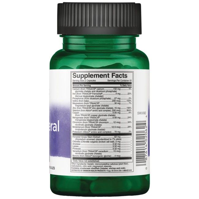 Retro del flacone verde SWANSON Albion Multi-Mineral con ferro. Contiene informazioni nutrizionali e ingredienti.