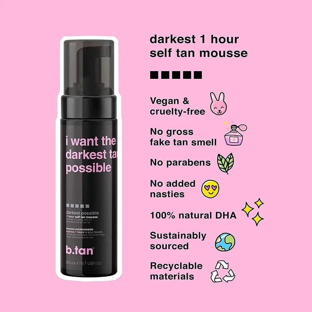 Flacone nero con scritta "I want the darkest tan possible". Vegano, cruelty-free, senza parabeni. Sfondo rosa.