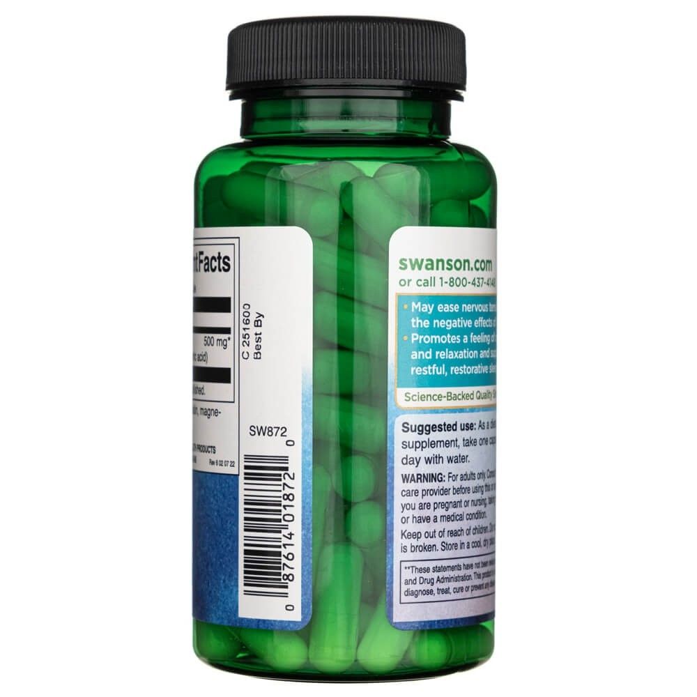 Lato di un flacone verde di Swanson GABA 500 mg, istruzioni e avvertenze.