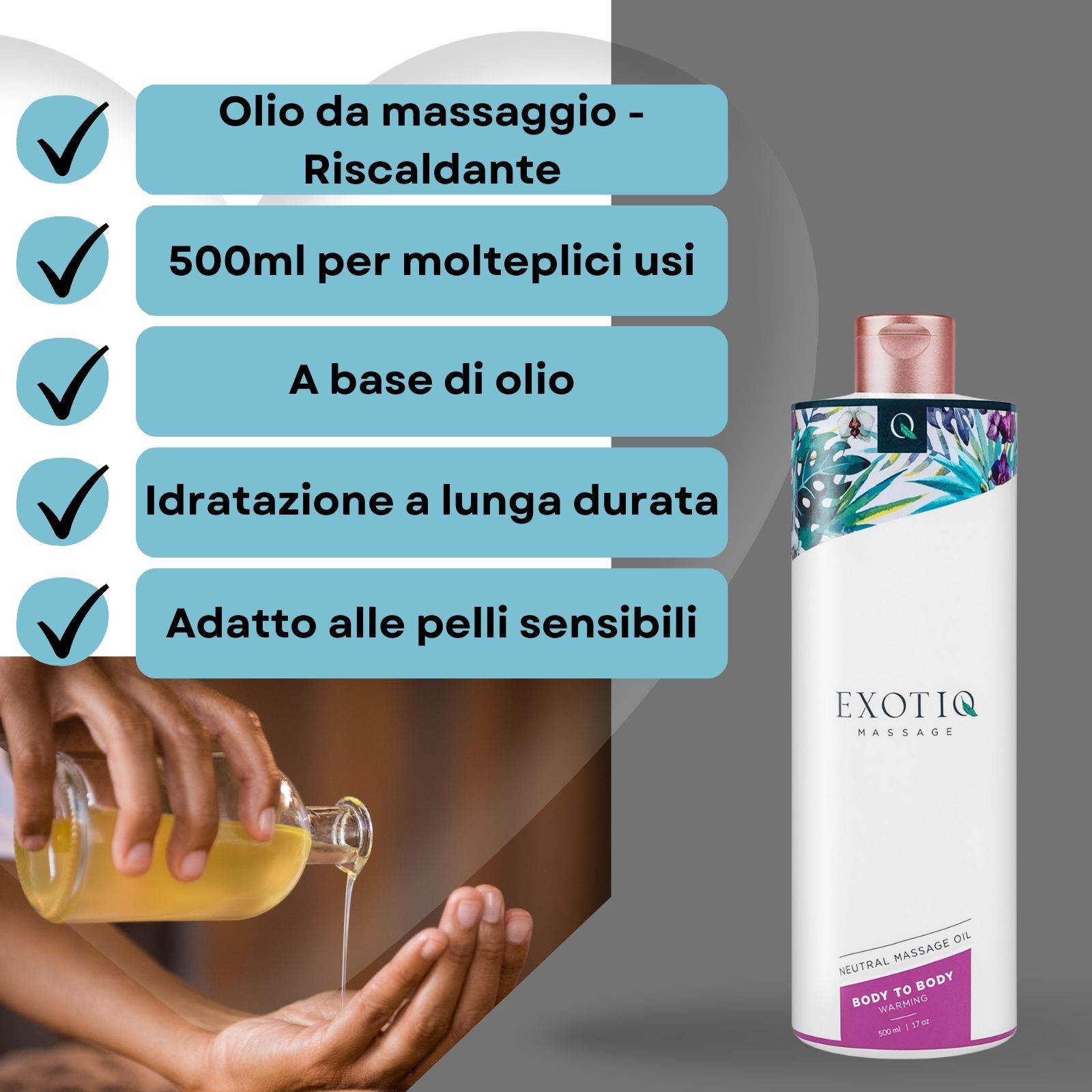 L'olio per massaggio viene versato nella mano. Bottiglia con testo e logo.
