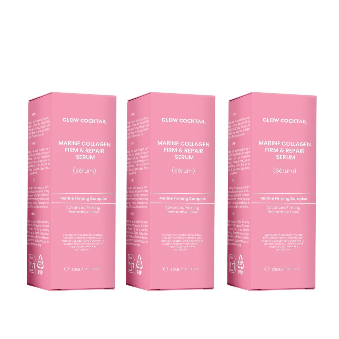 Tre scatole rosa per il siero rassodante e riparatrice al collagene marino Glow Cocktail.