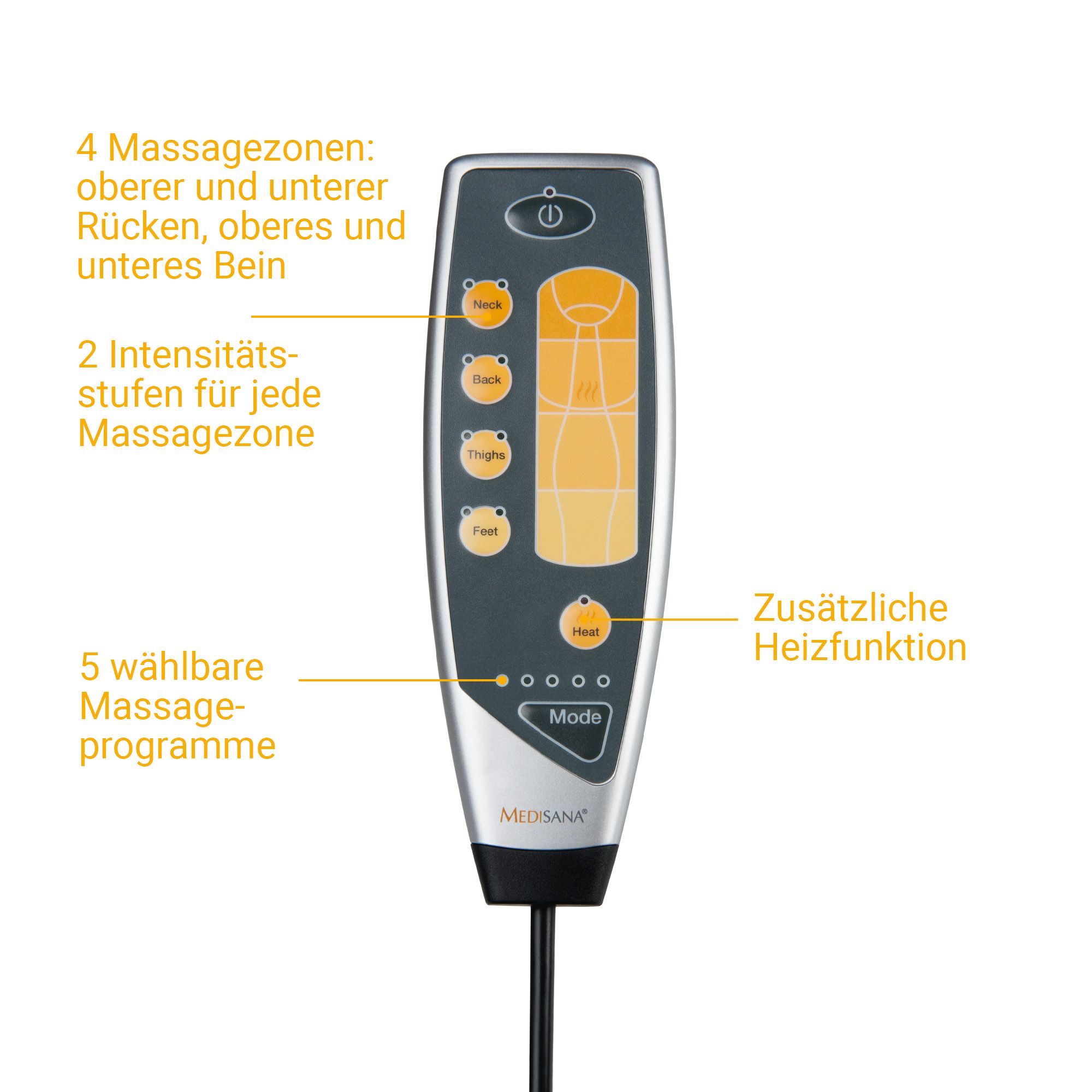 Telecomando per tappetino massaggiante: 4 zone, 2 intensità, 5 programmi, funzione calore.