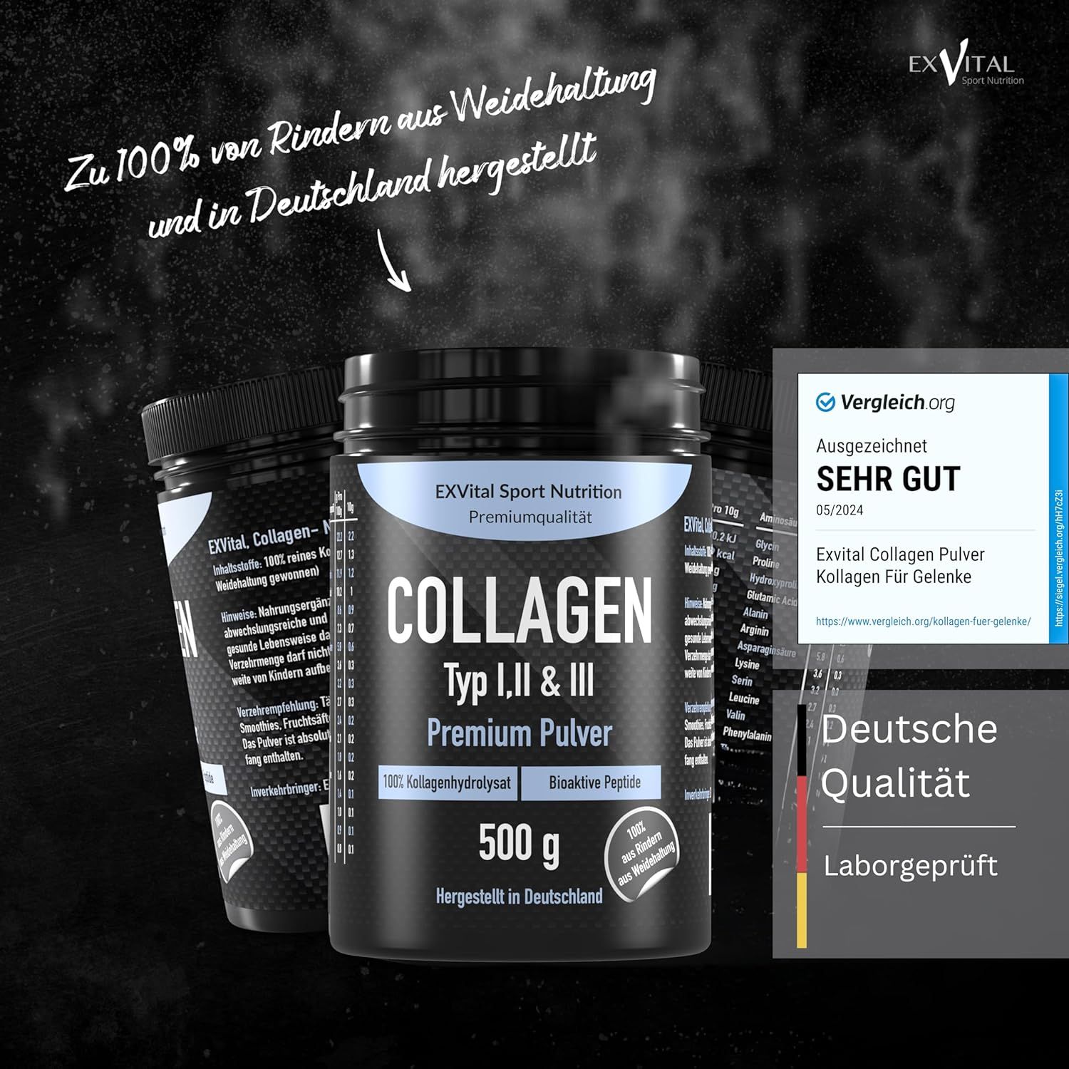 Tre barattoli EXVital Collagen Pulver, tipo I, II & III, 500g. Ottimo. Qualità tedesca. Testato in laboratorio.