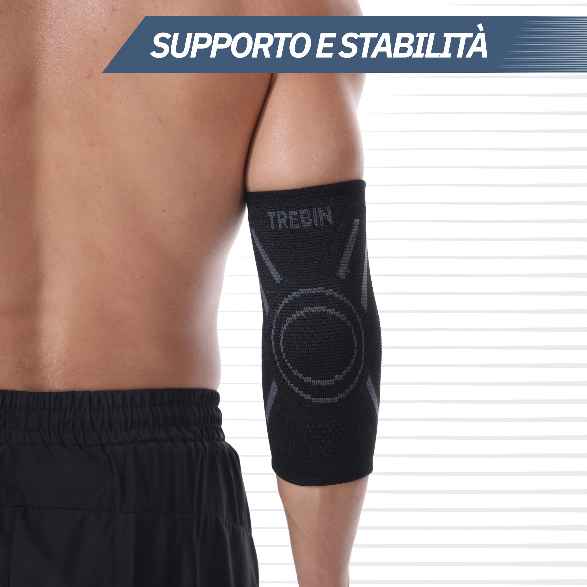 Protezione nera per il gomito con marchio TREBIN. Offre supporto e stabilità.