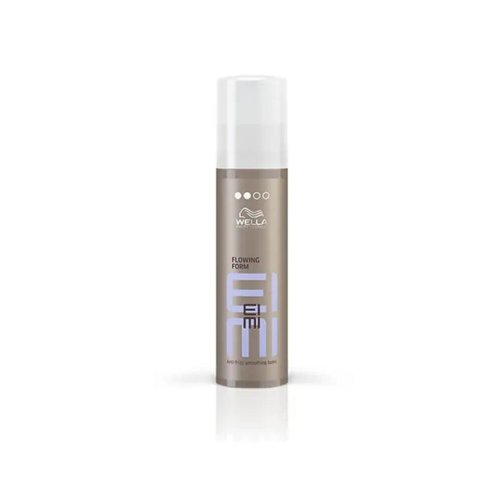 Flacone cilindrico con tappo bianco. Scritta: Wella Eimi Flowing Form. Prodotto antifrizz.