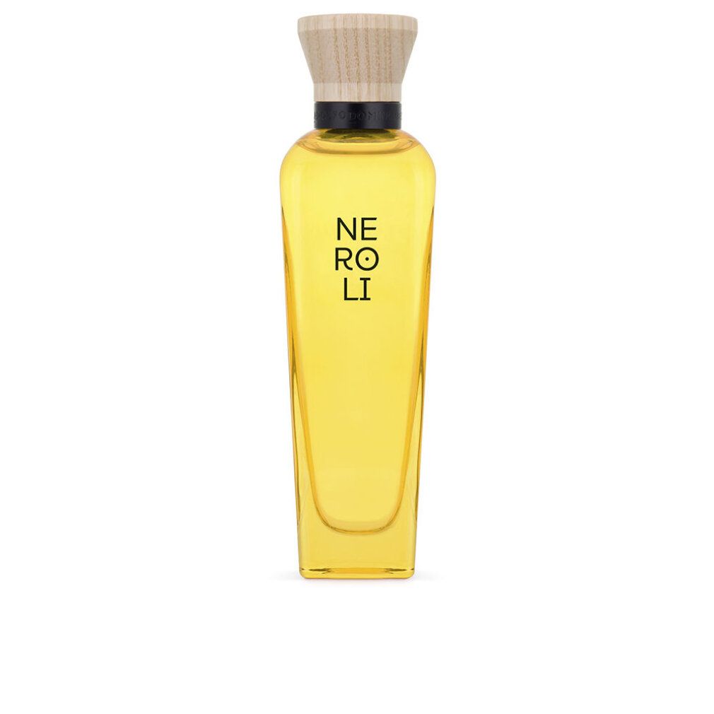 Flacone giallo con tappo in legno. Nome del prodotto in nero sul flacone.