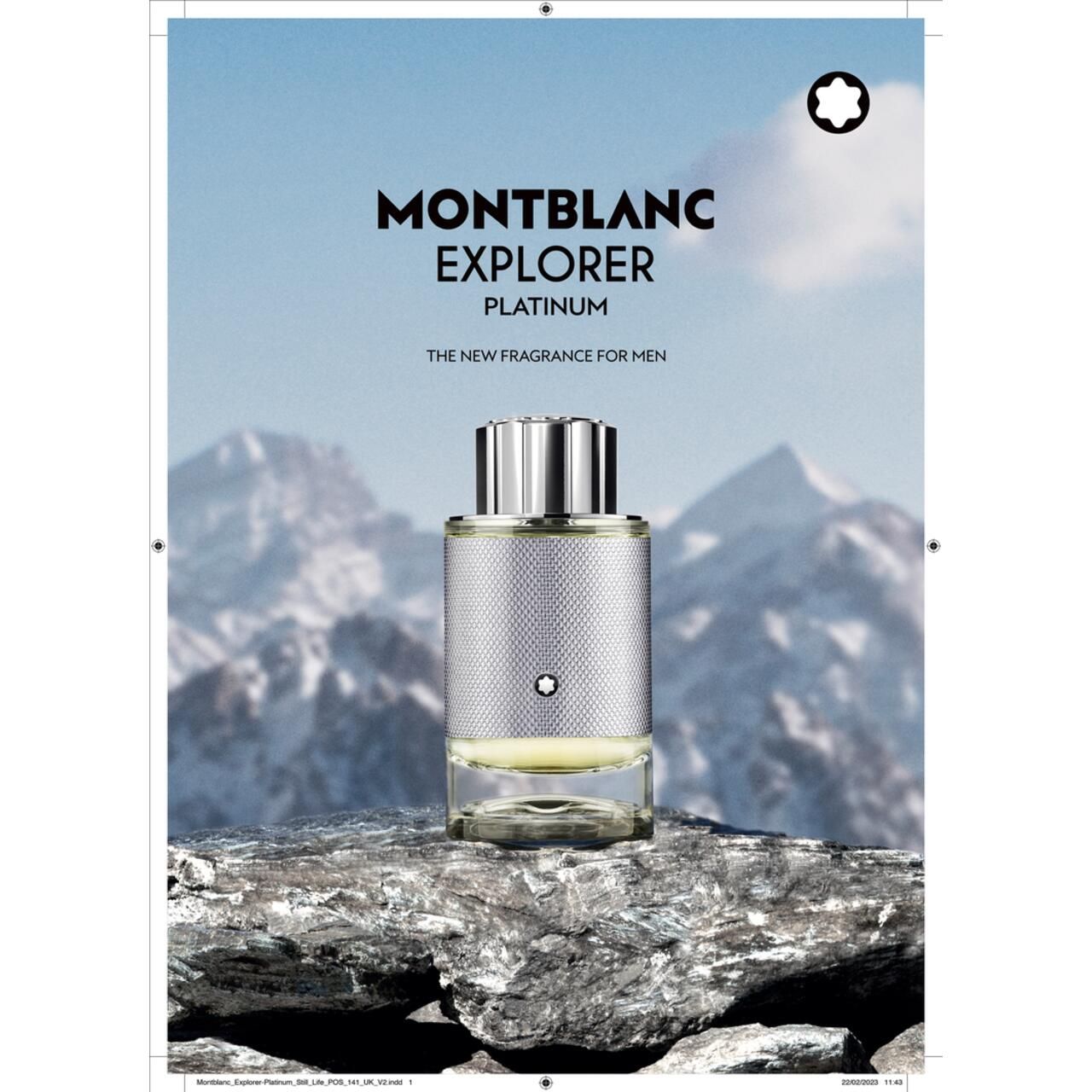 Immagine pubblicitaria con flacone su roccia e panorama montano. Scritta 'MONTBLANC EXPLORER PLATINUM'.