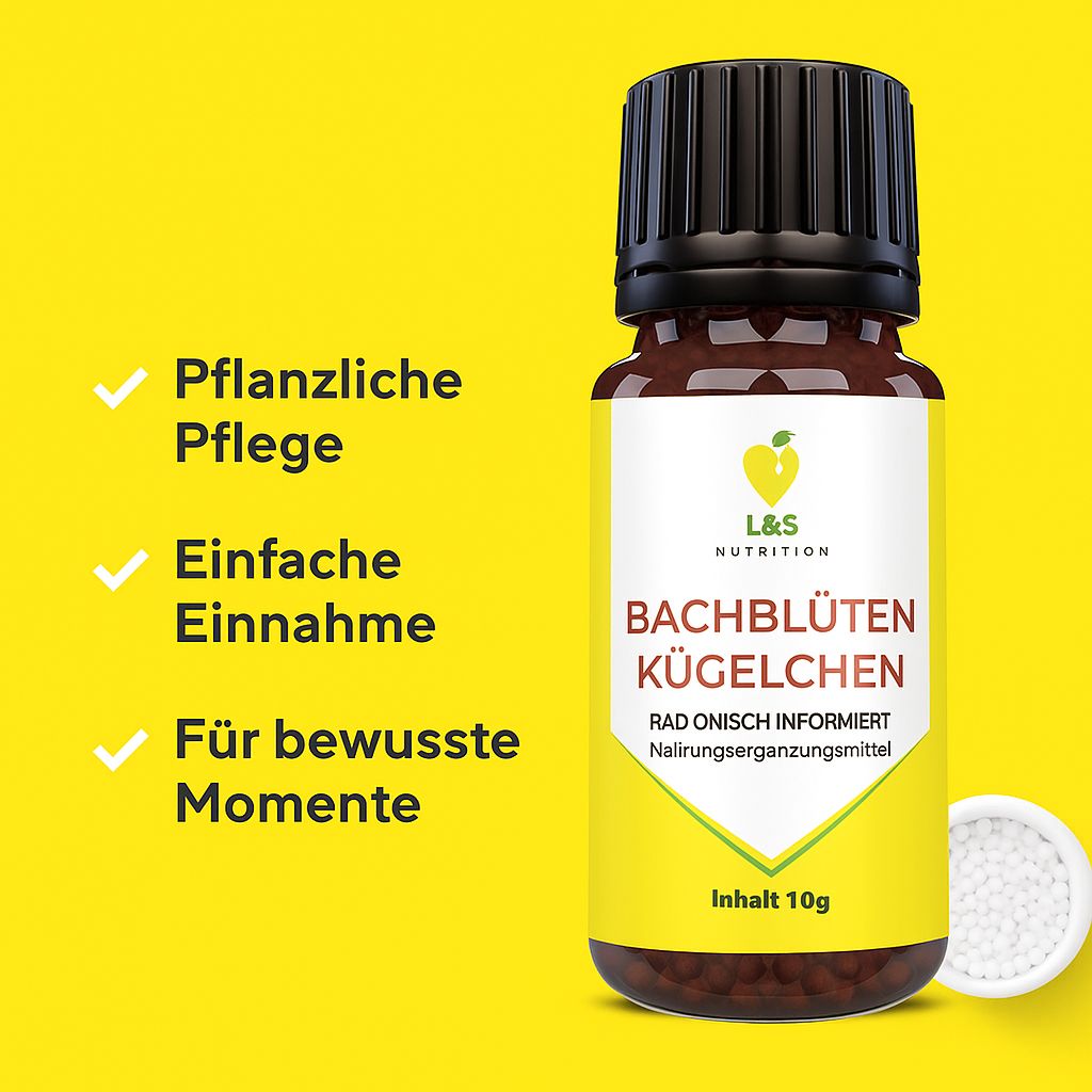 Flacone di vetro marrone con tappo nero ed etichetta gialla. Scritta: Bachblüten Kügelchen, L&S Nutrition. Sfondo giallo con segni di spunta.