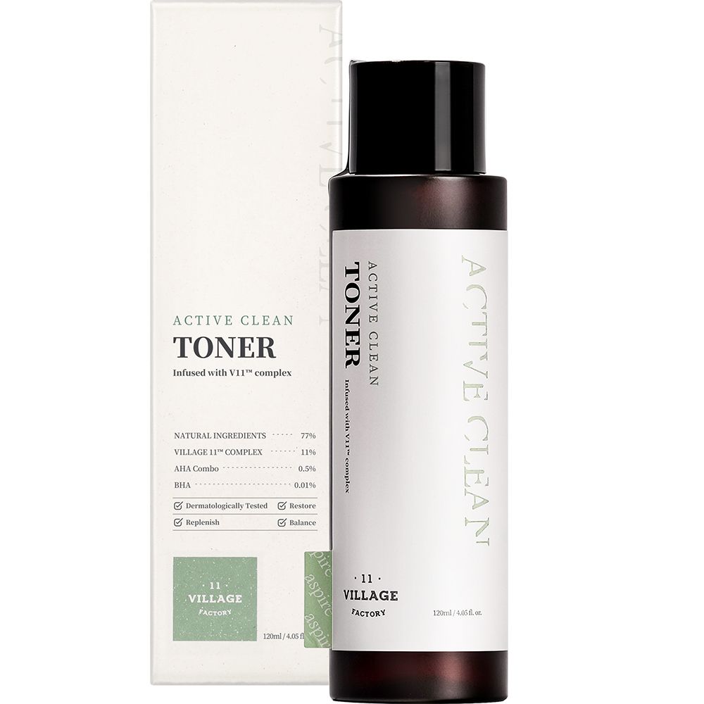 Confezione del prodotto con flacone. Scritta: Active Clean Toner, ingredienti, Village 11 Factory.