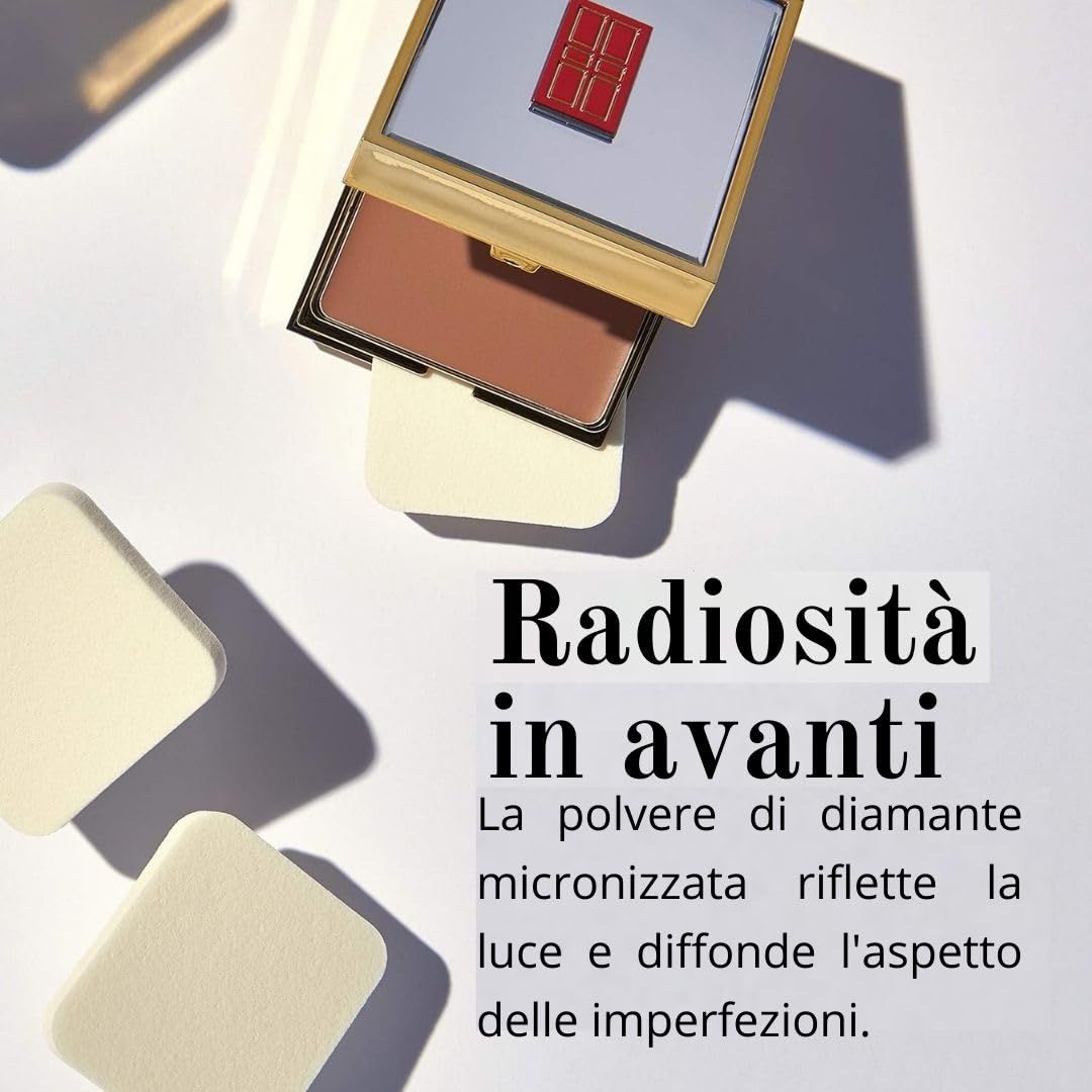 Cipria compatta cosmetica con specchio e spugne. Testo: Radiosità in avanti, La polvere di diamante micronizzata riflette la luce.