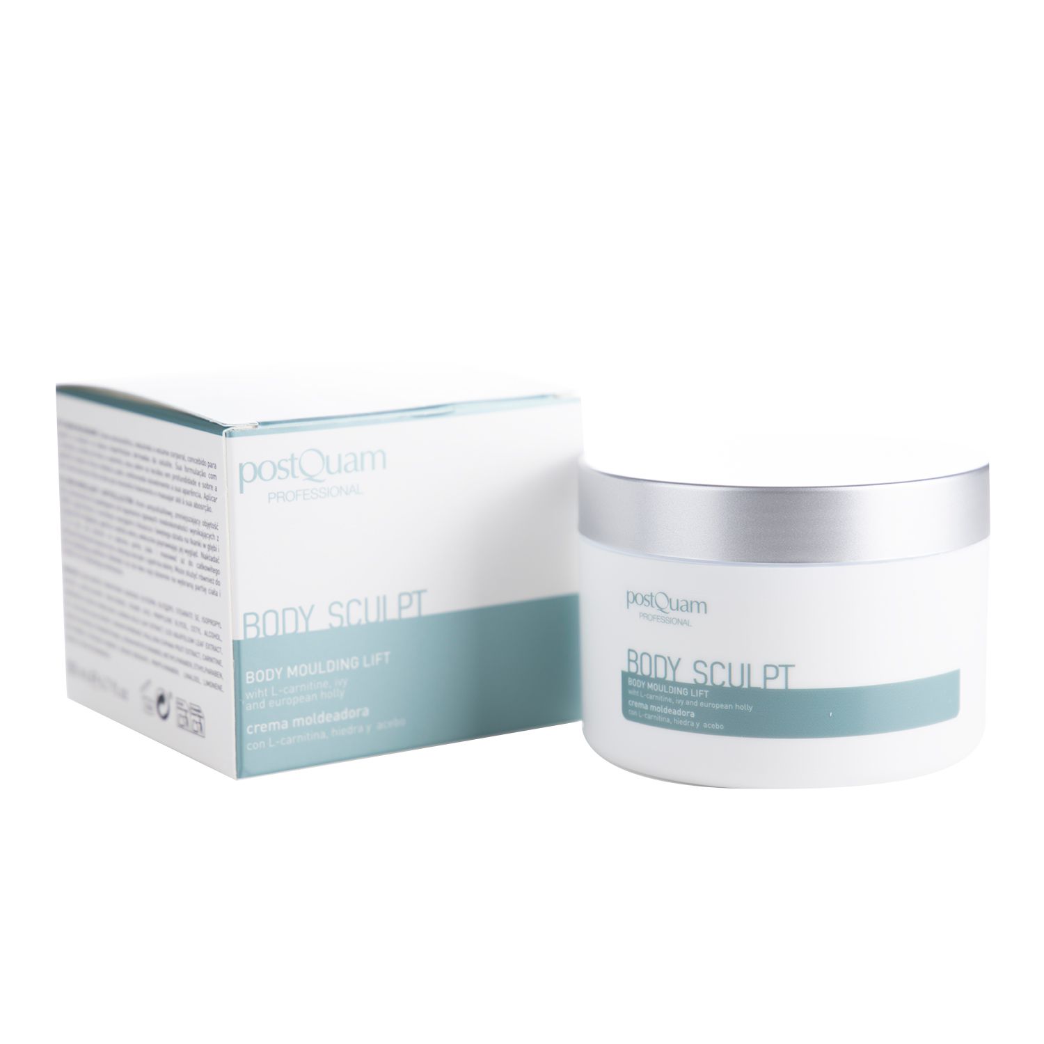 Barattolo di crema e confezione. Bianco, accenti blu-grigi. Testo: Postquam, Body Sculpt, Anti-Cellulite.