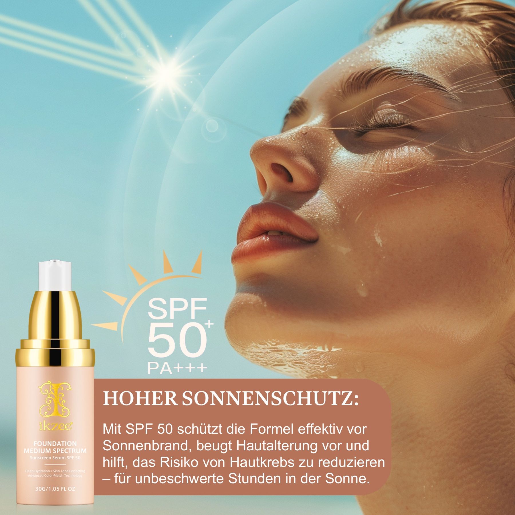 Una donna con fondotinta che protegge dal sole. Il prodotto indica "SPF 50".