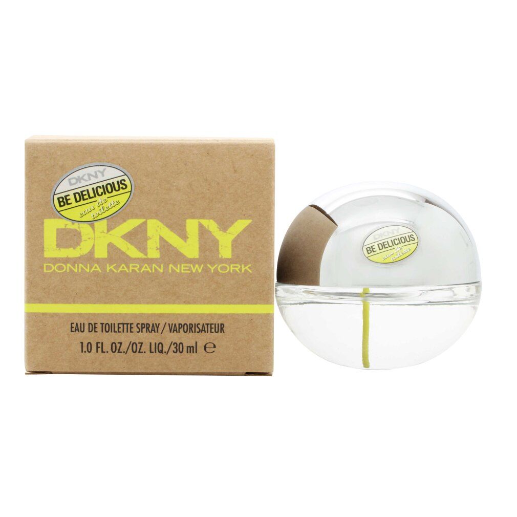 DKNY Be Delicious Eau de Toilette Spray. Flacone rotondo e scatola. Logo giallo. Flacone spray con tappo argentato.