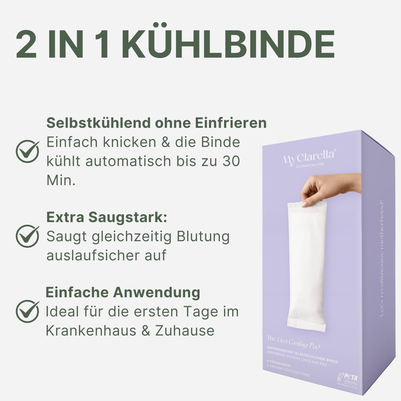 Assorbente rinfrescante 2-in-1 in confezione viola. Testo: Autoraffreddante, super assorbente, facile da usare. Logo PETA. Mano che apre la confezione.