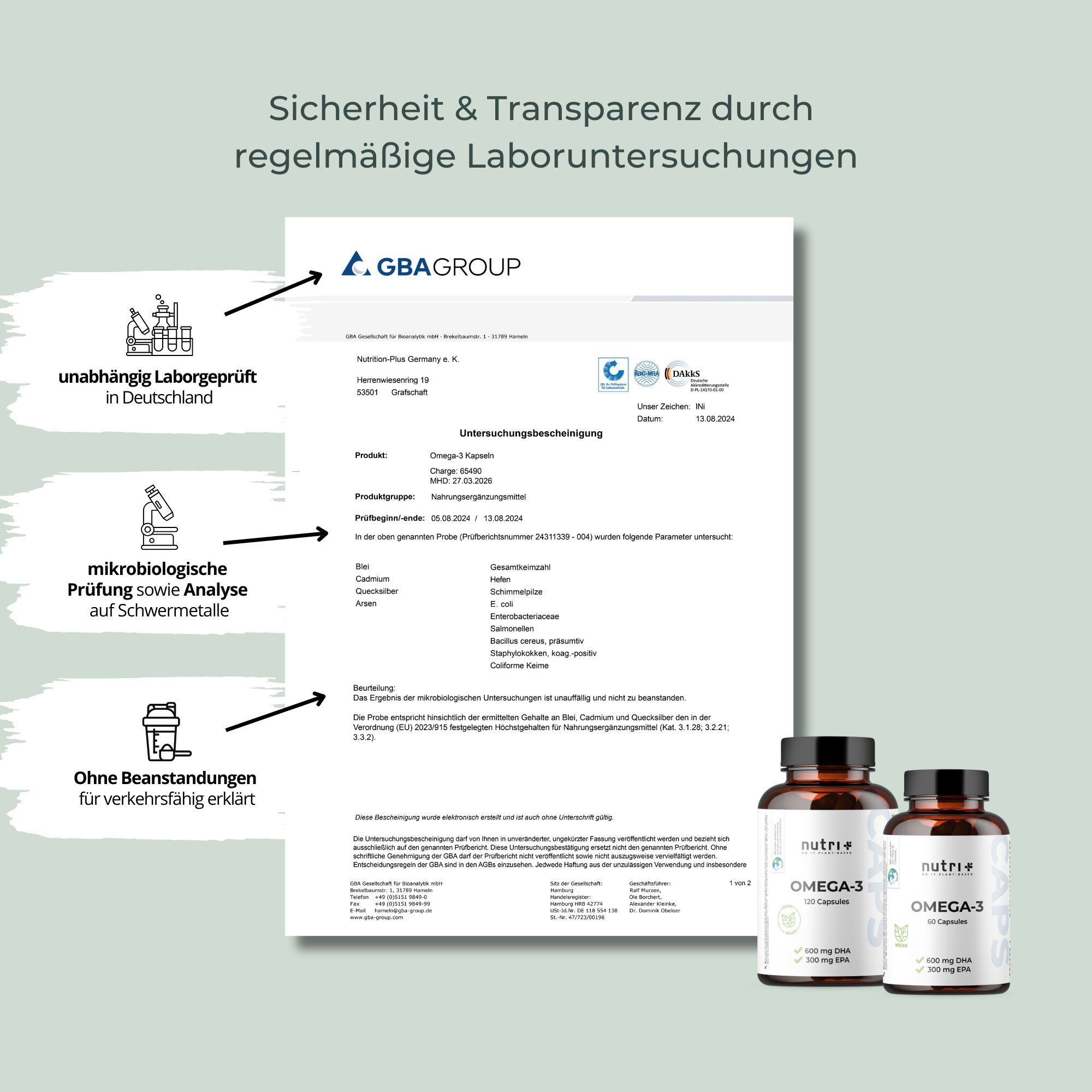 Due bottiglie nutri+ Omega-3 accanto a un documento. Testo: Sicurezza e trasparenza attraverso regolari analisi di laboratorio. Logo GBA Group.