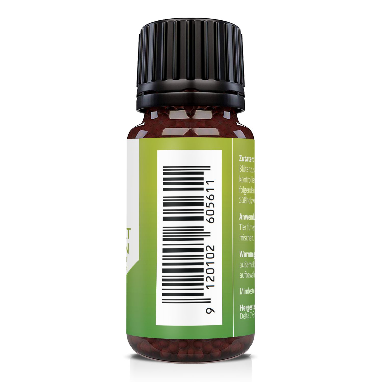 Flacone di vetro marrone con tappo nero. Retro con codice a barre e testo. Etichetta verde.