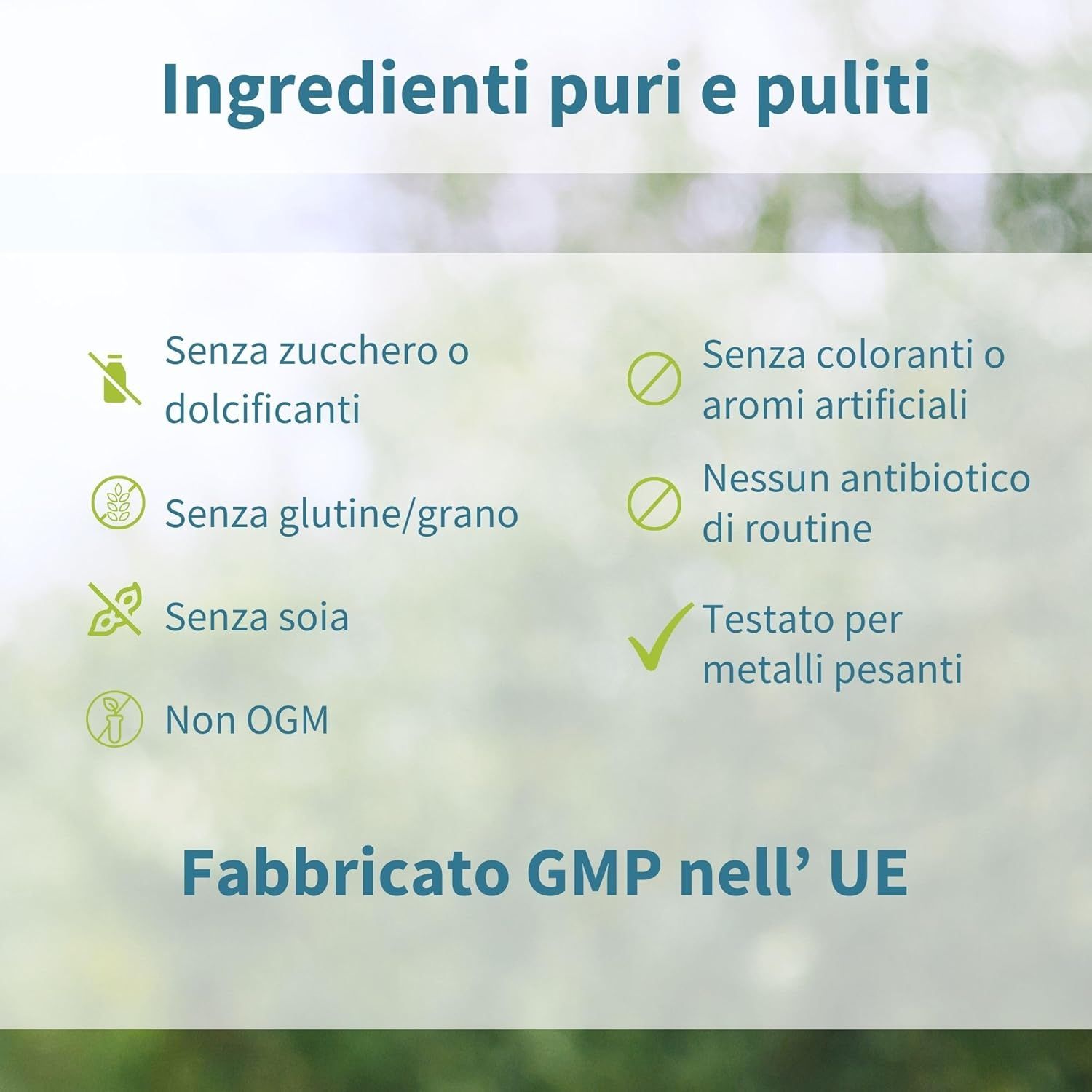 Testo: Ingredienti puri e puliti. Senza zucchero, glutine, soia, OGM. Senza coloranti e aromi artificiali.