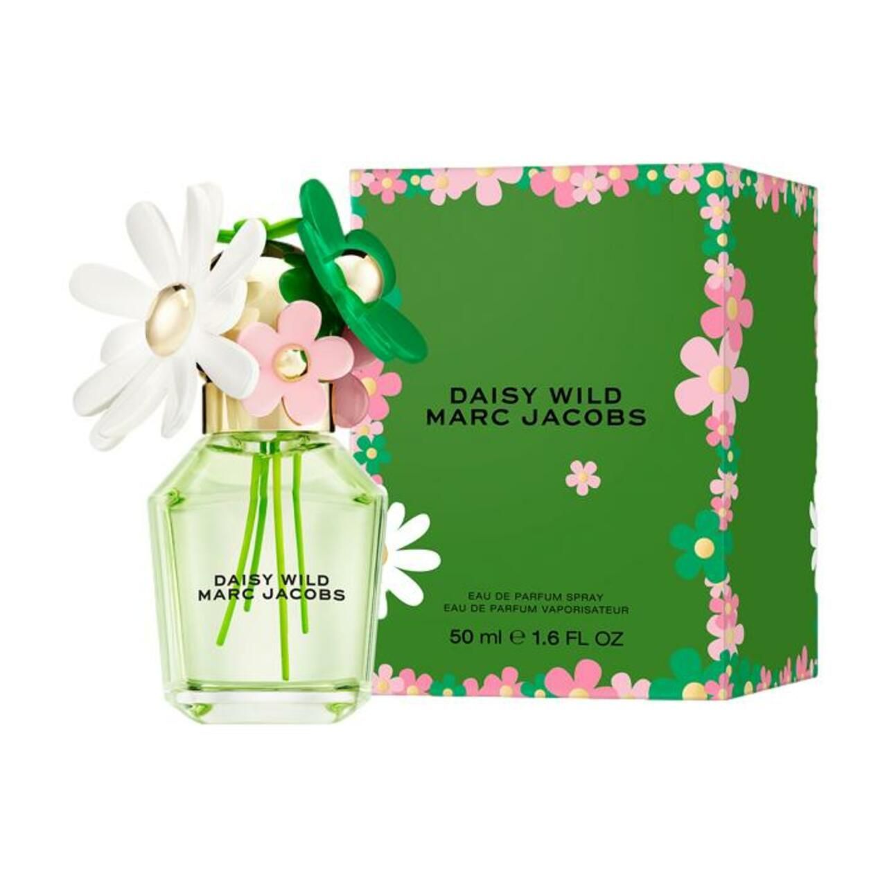Flacone di profumo e confezione. Flacone: Daisy Wild Marc Jacobs. Confezione: verde con motivo floreale.