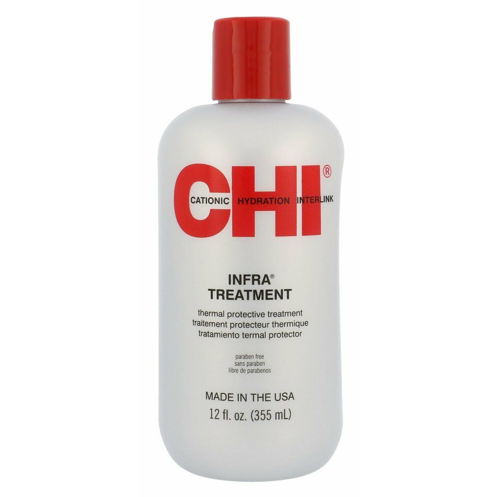 Flacone con tappo rosso. Scritta CHI, Infra Treatment. Prodotto negli Stati Uniti. Volume: 12 fl. oz. (355 ml).