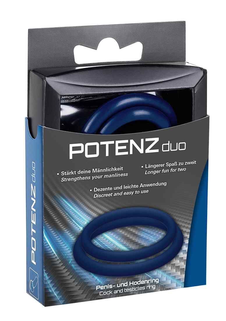 Anelli blu per pene e testicoli in scatola. Nome prodotto: POTENZduo. Testo: Anello per pene e testicoli.