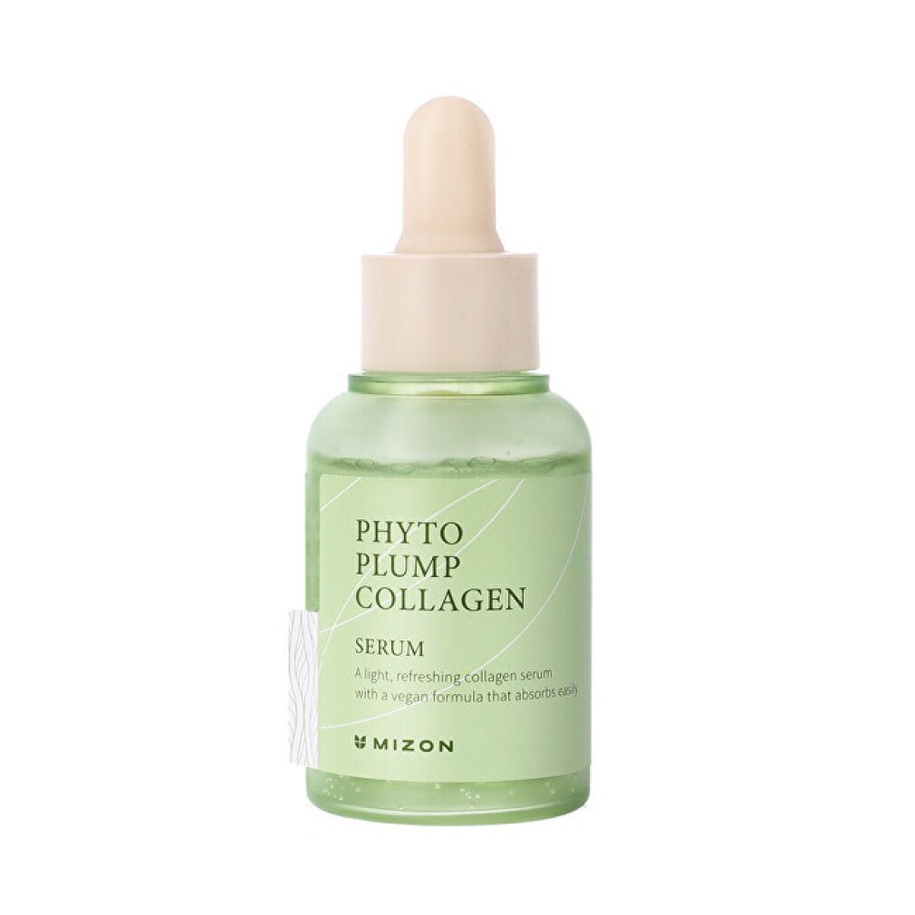 Flacone di vetro verde con siero, tappo chiaro e pipetta. Scritta: Phyto Plump Collagen Serum. Marchio: MIZON.