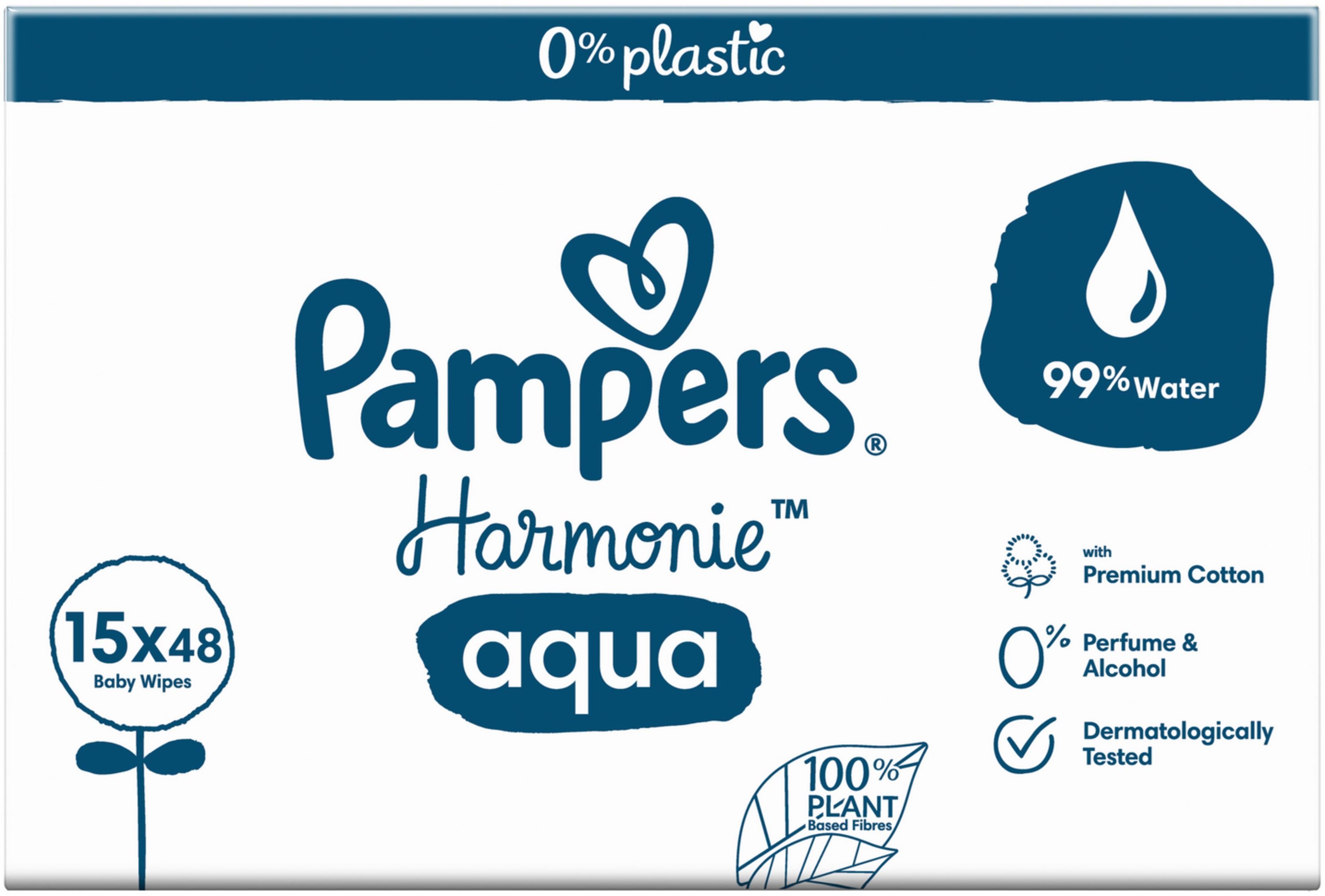 Salviettine Pampers Harmonie Aqua, 15x48. 99% acqua, 0% profumo e alcol.