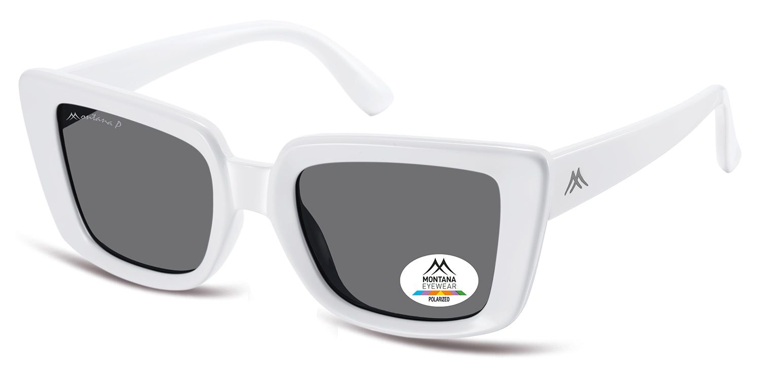 Occhiali da sole bianchi con lenti grigie. Logo Montana Eyewear ed etichetta di polarizzazione sulla lente. Forma quadrata.
