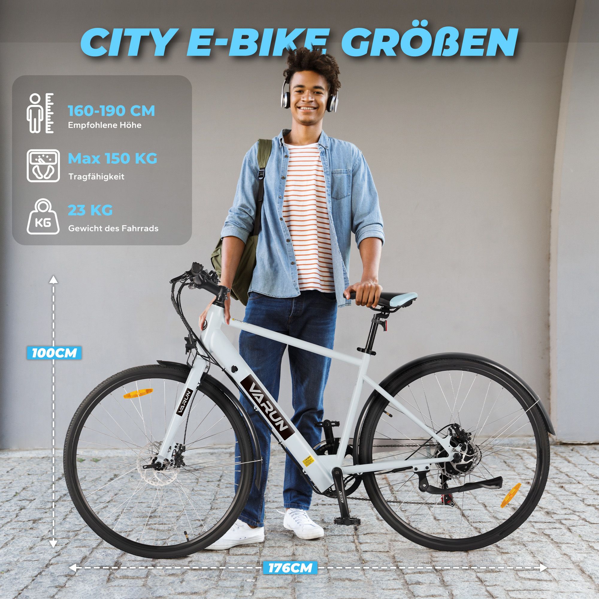 E-bike con persona. Altezza consigliata 160-190 cm, capacità max. 150 kg, peso 23 kg, 100 cm di altezza, 176 cm di lunghezza.