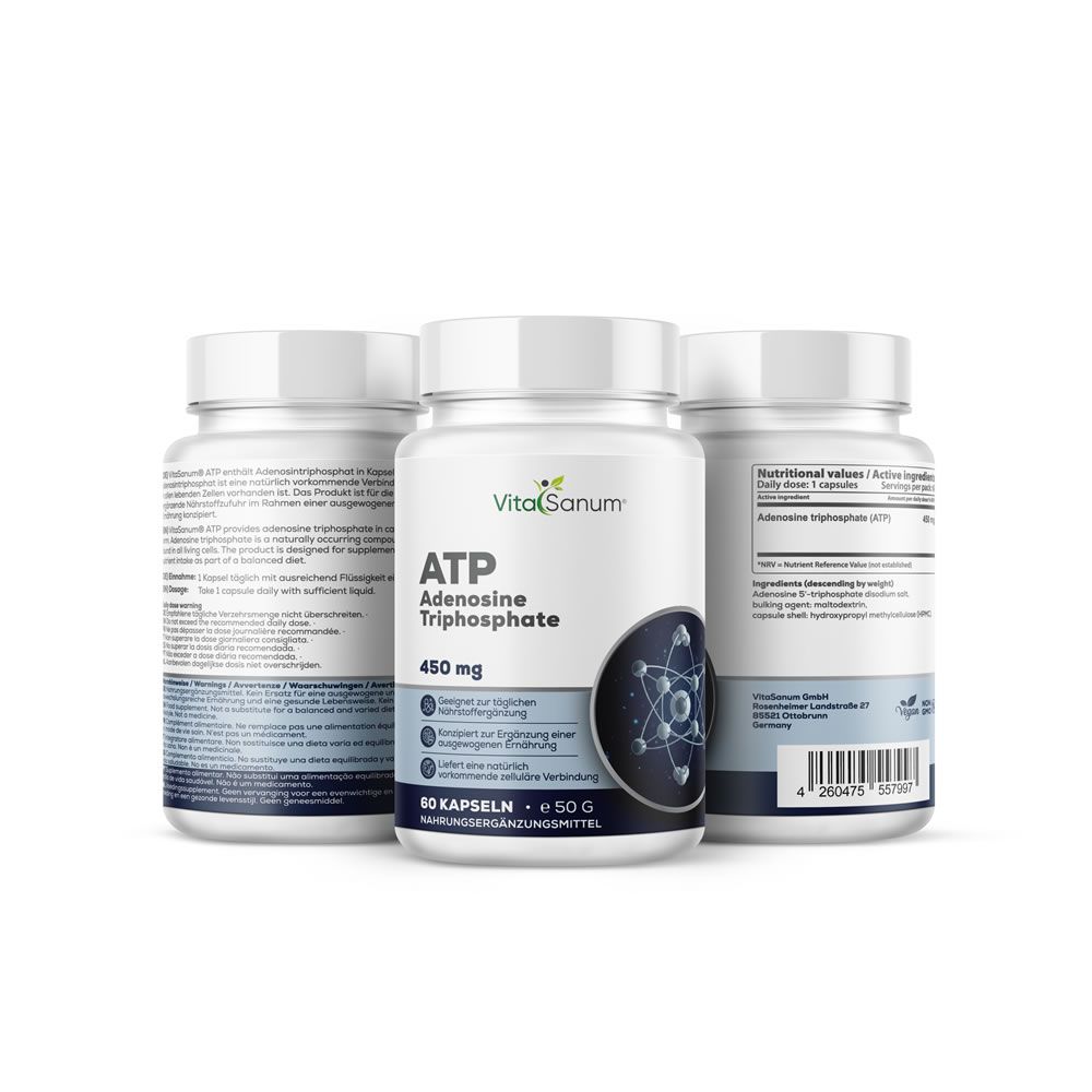Tre flaconi bianchi con etichette. Il flacone centrale riporta "VitaSanum" e "ATP Adenosina Trifosfato". 60 capsule.