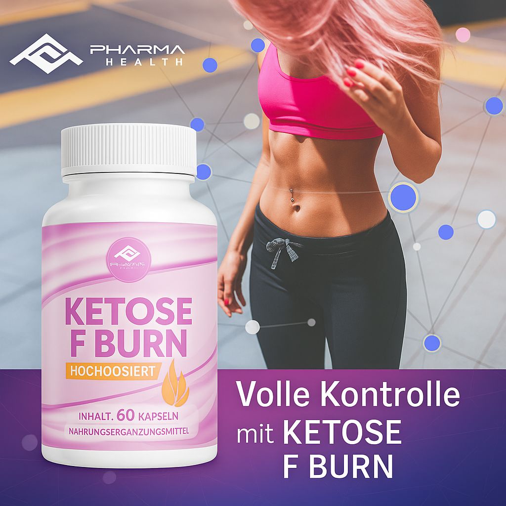 Flacone bianco con etichetta rosa. Scritta: Ketose F Burn, ad alto dosaggio. Contenuto: 60 capsule. Logo Pharma Health. Donna sullo sfondo.